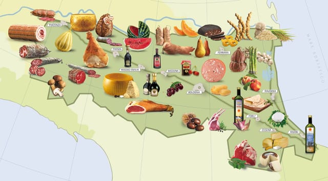 Mappa illustrata con i prodotti tipici dell’Emilia-Romagna per provincia