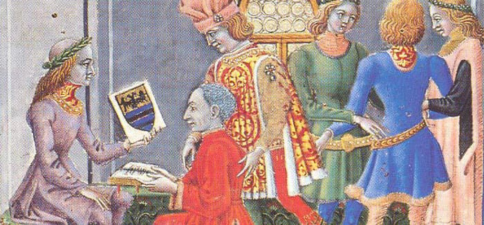 Miniatura rinascimentale con figure di una corte italiana